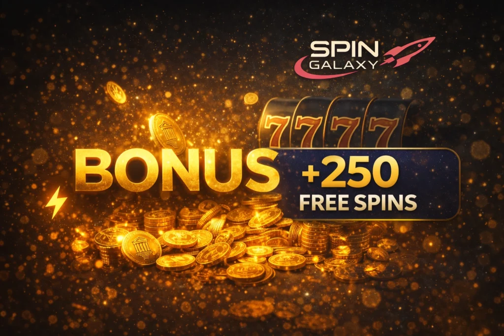 `alt="Spin Galaxy Casino bonus banner with glowing gold BONUS text, piles of coins, slot reels showing 777, and a +250 Free Spins offer on a dark cosmic background"`