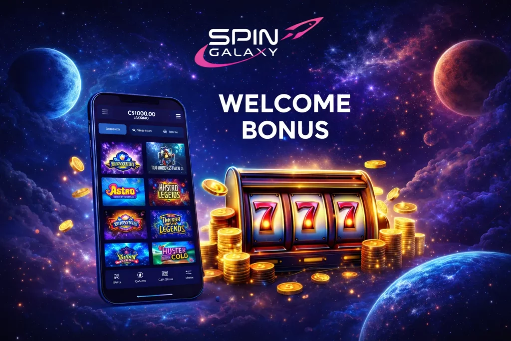 Spin Galaxy Casino welcome bonus visual with galaxy theme and mobile casino interface for New Zealand players