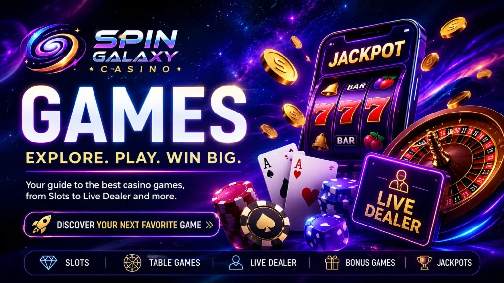 Spin Galaxy Casino Games banner with a cosmic purple background, slot machine, roulette wheel, playing cards, chips, coins, and bright neon casino game elements.