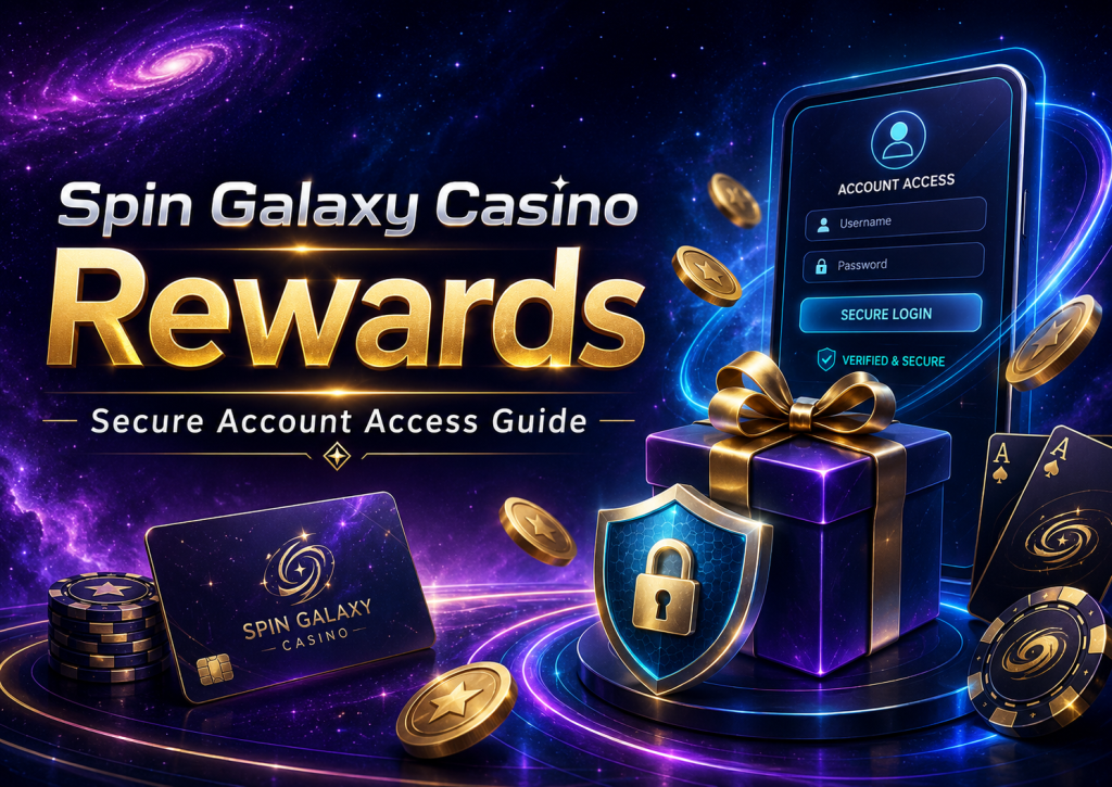 Spin Galaxy Casino Rewards banner with a cosmic purple-blue background, secure account access screen, golden reward gift box, shield lock icon, casino card, chips and coins.