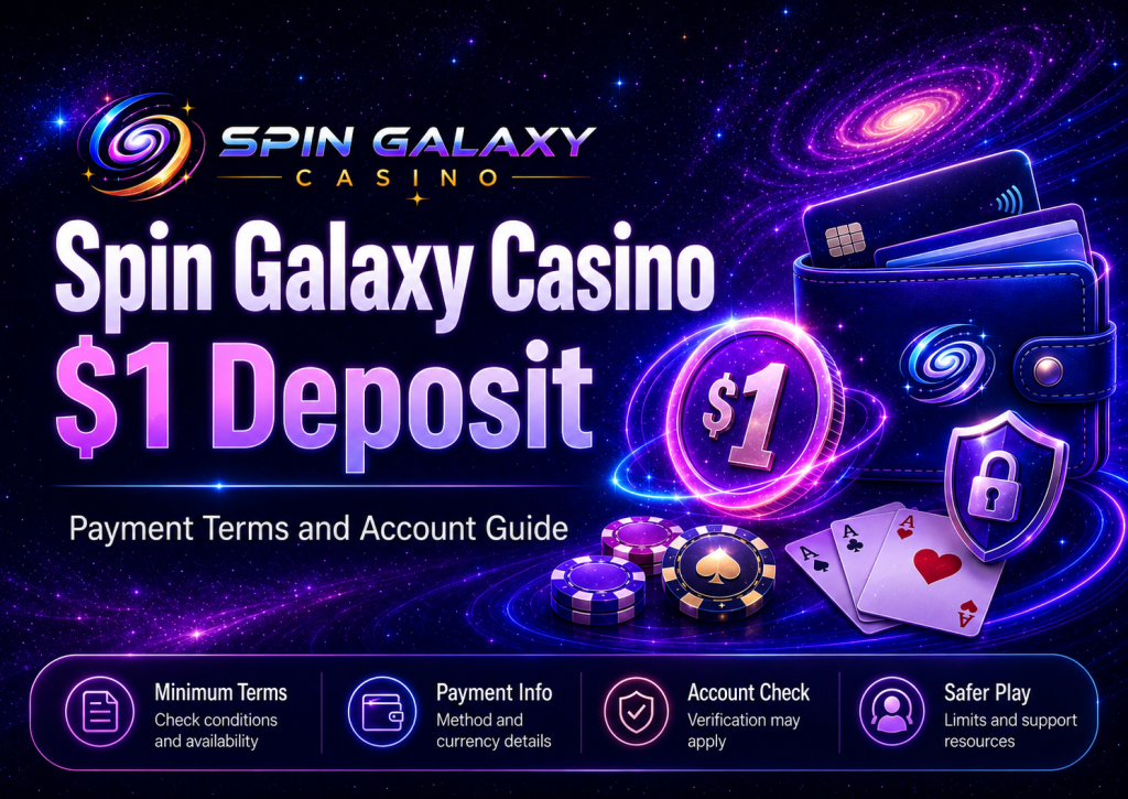 Spin Galaxy Casino $1 Deposit banner with a cosmic purple-blue background, glowing $1 coin, secure wallet, payment cards, shield lock icon, casino chips and account guide elements.