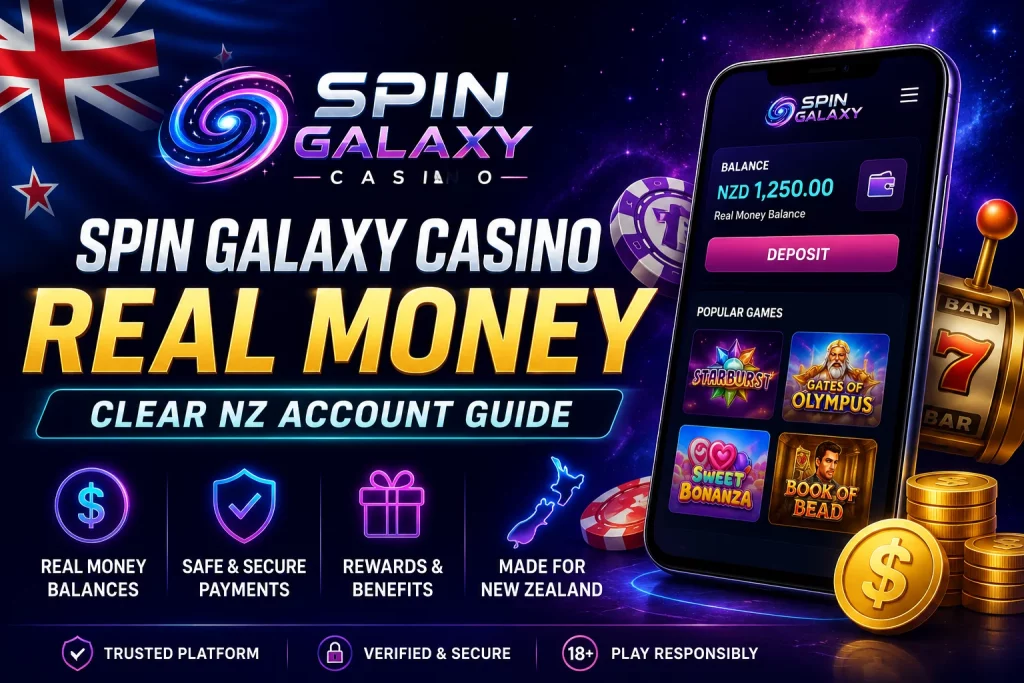 Spin Galaxy Casino Real Money banner with a cosmic purple-blue background, New Zealand flag, mobile account balance screen, glowing coins, secure payment icons, casino chips and real-money account guide elements.